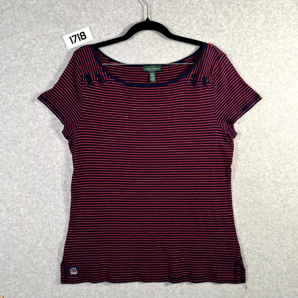 Lauren Ralph Lauren Shirt Womens L Navy Red Striped Boat Neck Cotton Cap Sleeve